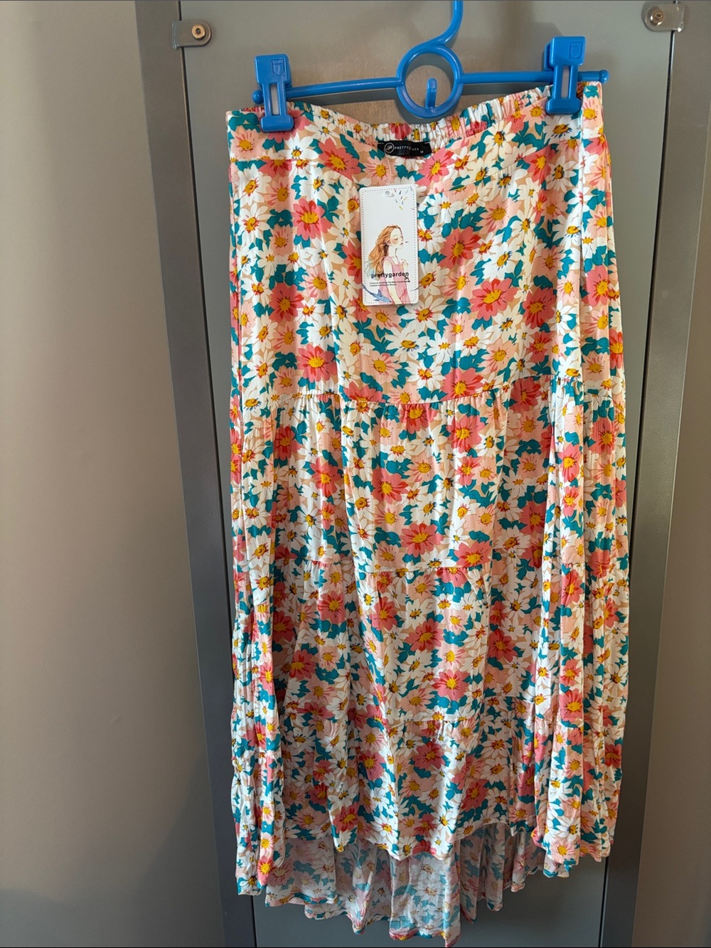Pretty Garden Floral High-Low Skirt - White with Pink & Teal Flowers